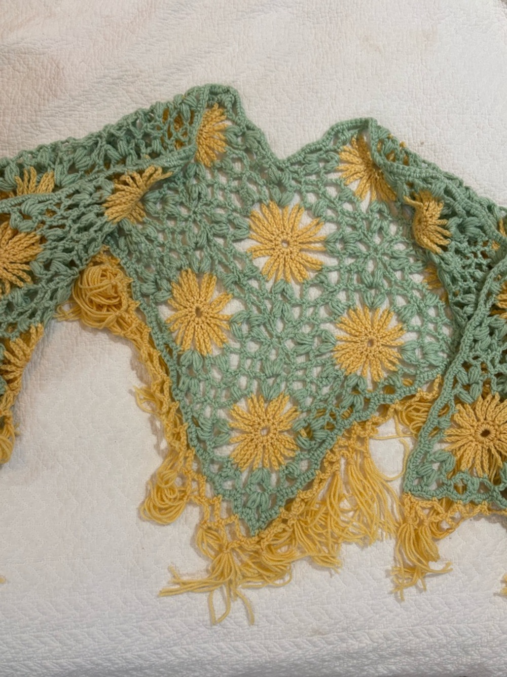 Handmade Green and Yellow Crochet Scarf with Daisy Motif